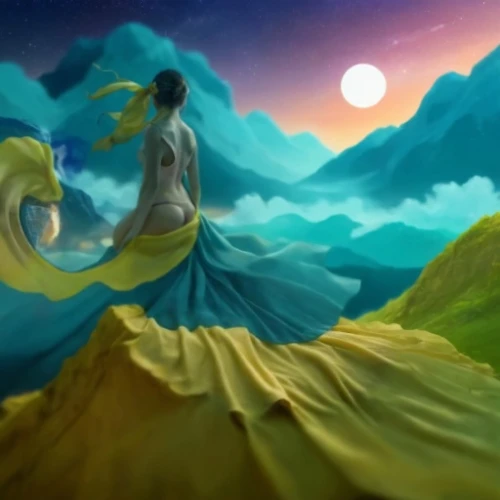 mermaid background,fantasy picture,world digital painting,fantasia,the wind from the sea,girl in a long dress,fantasy art,merfolk,the endless sea,mother earth,sailing blue yellow,yellow and blue,mermaid,mermaid silhouette,girl on the dune,fantasy woman,god of the sea,dreamland,believe in mermaids,background image