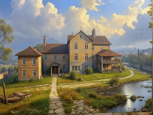 home landscape,house with lake,house in mountains,lonely house,country house,house painting,rural landscape,house in the mountains,country estate,fantasy landscape,farm house,house in the forest,stone houses,danish house,ancient house,little house,fantasy picture,beautiful home,landscape background,small house,Photography,General,Realistic