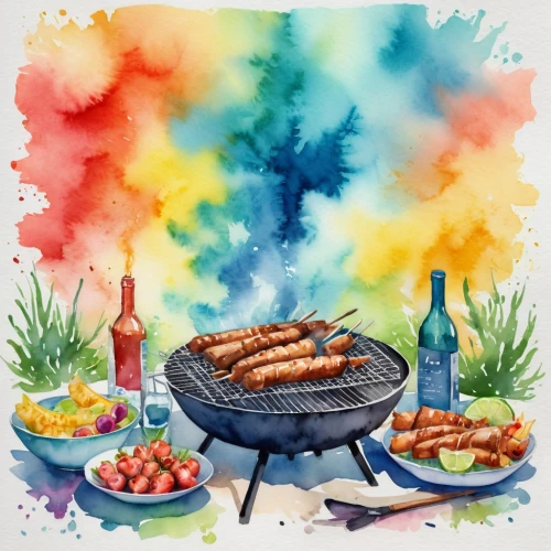 barbeque,barbecue,summer bbq,shashlik,bbq,arrosticini,barbeque grill,grilled food,watercolor background,cooking book cover,mixed grill,chicken barbecue,sausage platter,painted grilled,barbecue grill,summer foods,paella,samgyeopsal,seafood boil,sausage plate,Illustration,Paper based,Paper Based 25