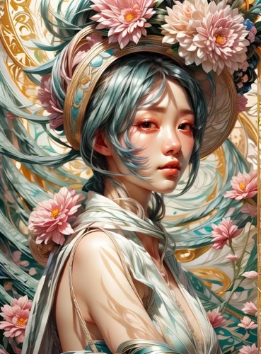 flower fairy,flora,mint blossom,amano,fantasy portrait,geisha,girl in flowers,chinese art,flower hat,girl in a wreath,floral japanese,geisha girl,jasmine blossom,falling flowers,white blossom,baroque angel,japanese art,blooming wreath,blossoms,petals