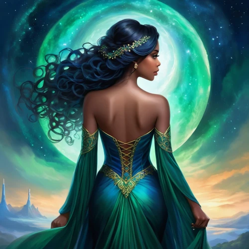 tiana,fantasy woman,the enchantress,sorceress,fantasy art,celtic queen,queen of the night,mother earth,green mermaid scale,fantasy portrait,celtic woman,fantasy picture,zodiac sign libra,blue enchantress,merida,fantasia,the zodiac sign pisces,earth chakra,mystical portrait of a girl,elven,Illustration,Realistic Fantasy,Realistic Fantasy 01