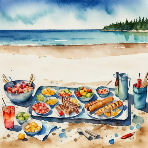 seafood boil,sea foods,summer foods,new england clam bake,beach restaurant,summer bbq,sea food,grilled food sketches,barbecue,watercolor background,seafood,greek food,picnic,watercolor painting,hawaiian food,seafood platter,bahian cuisine,watercolor cafe,placemat,beach bar,Illustration,Paper based,Paper Based 25