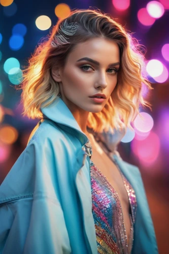 bolero jacket,colorful background,social,portrait background,fashion vector,bokeh,colorful light,romantic look,retro woman,background bokeh,portrait photography,kimono,bokeh lights,colored lights,disco,visual effect lighting,bokeh effect,denim jacket,romantic portrait,photoshop manipulation,Photography,General,Commercial