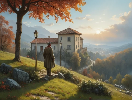 home landscape,autumn landscape,autumn idyll,one autumn afternoon,autumn morning,church painting,the autumn,lonely house,autumn background,fantasy picture,autumn day,landscape background,world digital painting,autumn chores,house in mountains,autumn scenery,monastery,italian painter,light of autumn,fall landscape,Photography,General,Realistic