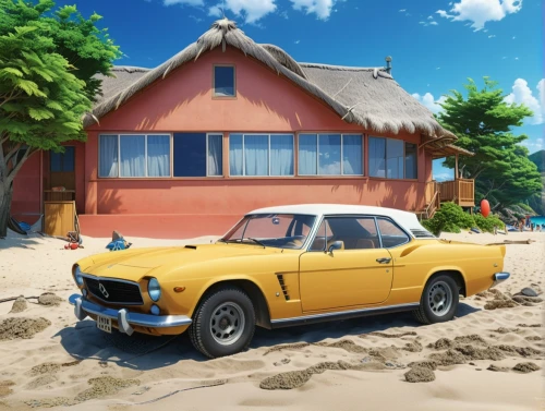 seaside country,yellow car,golden sands,seaside resort,sand road,retro vehicle,sunbeam tiger,subaru brat,volvo 66,malibu,summer cottage,ford taunus,pontiac ventura,datsun 510,retro car,the beach fixing,3d car model,gaz-21,dream beach,beach house,Photography,General,Realistic