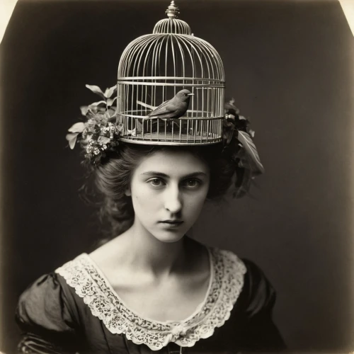 cage bird,queen cage,vintage female portrait,the hat of the woman,woman's hat,bird cage,the hat-female,victorian lady,vintage woman,women's hat,headdress,cloche hat,birdcage,headpiece,ethel barrymore - female,girl wearing hat,sale hat,conical hat,hatmaking,portrait of a hen,Photography,Black and white photography,Black and White Photography 15