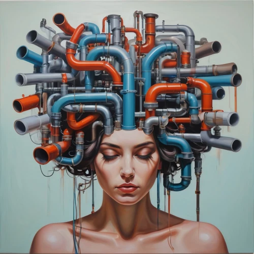 manifold,connections,synapse,cybernetics,medusa,neural pathways,receptor,surrealism,biomechanical,woman thinking,tubes,psychedelic art,frequency,transistors,brainstorm,complexity,pipes,surrealistic,head woman,meridians,Illustration,Realistic Fantasy,Realistic Fantasy 24