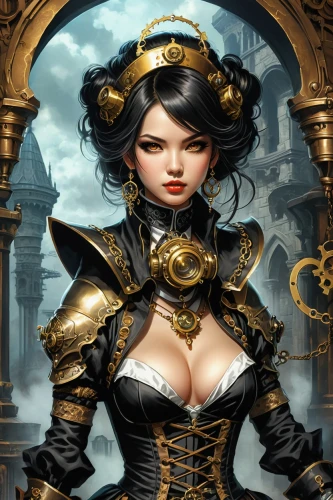 steampunk,steampunk gears,fantasy art,sorceress,fantasy woman,massively multiplayer online role-playing game,female warrior,black pearl,fantasy portrait,heroic fantasy,cuirass,collectible card game,breastplate,pirate treasure,black and gold,fantasy picture,the sea maid,pirate,swordswoman,naval officer,Illustration,Realistic Fantasy,Realistic Fantasy 10