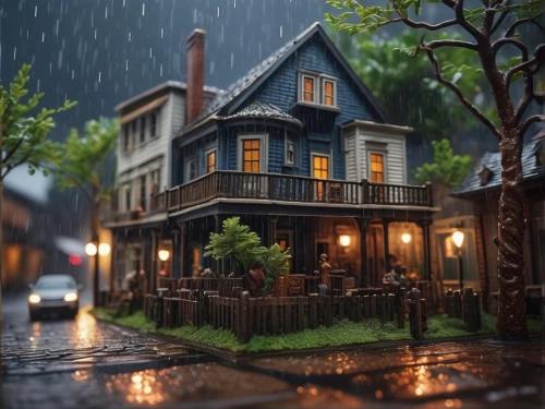 miniature house,wooden houses,lonely house,little house,wooden house,rainy day,small house,apartment house,rainy,summer cottage,cottage,3d render,home landscape,crooked house,tavern,heavy rain,medieval street,3d fantasy,rain bar,houses clipart,Photography,General,Fantasy