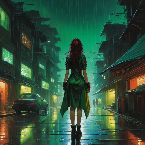 walking in the rain,girl walking away,transistor,monsoon,rainstorm,rainy,in the rain,heavy rain,mystery book cover,rainy season,rainy day,rains,rain,light rain,after rain,alleyway,raining,rainy weather,kowloon,sci fiction illustration,Illustration,Realistic Fantasy,Realistic Fantasy 04