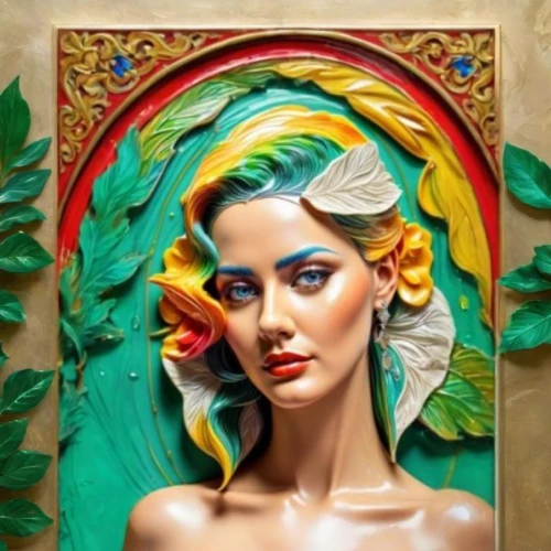 art deco woman,frida,oil painting on canvas,iranian,art painting,vintage art,italian painter,art deco frame,iranian nowruz,boho art,girl in a wreath,decorative art,oil painting,bodypainting,dali,art deco,laurel wreath,art nouveau frame,mary-gold,cuban emerald