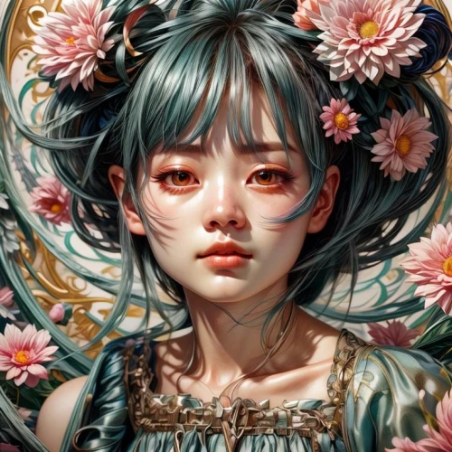 fantasy portrait,flower fairy,girl in a wreath,girl in flowers,flora,falling flowers,mystical portrait of a girl,kahila garland-lily,flower girl,wreath of flowers,mint blossom,floral wreath,girl portrait,blooming wreath,floral japanese,blossom,masquerade,geisha,blossoms,japanese art