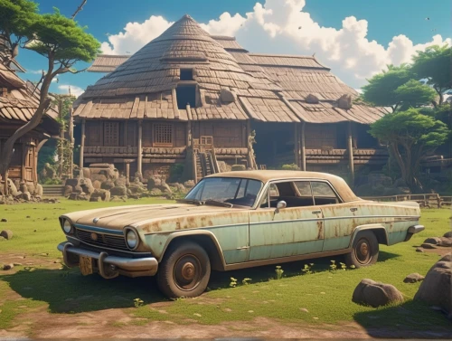 new vehicle,polynesian,retro vehicle,polynesia,dacia,idyllic,rust truck,straw hut,station wagon-station wagon,pickup-truck,uaz patriot,volvo,thatch roof,nomad life,ford truck,aztec,nomad,rural,dodge dakota,volvo amazon,Photography,General,Realistic