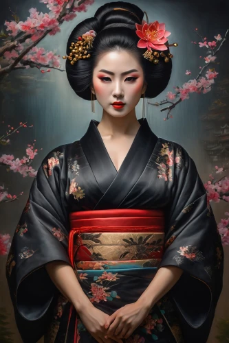 geisha girl,geisha,japanese art,japanese woman,oriental painting,japanese floral background,oriental princess,chinese art,plum blossoms,oriental girl,japanese culture,plum blossom,cherry blossom japanese,japanese background,oriental,kimono fabric,mukimono,japanese cherry,samurai,floral japanese,Photography,General,Fantasy