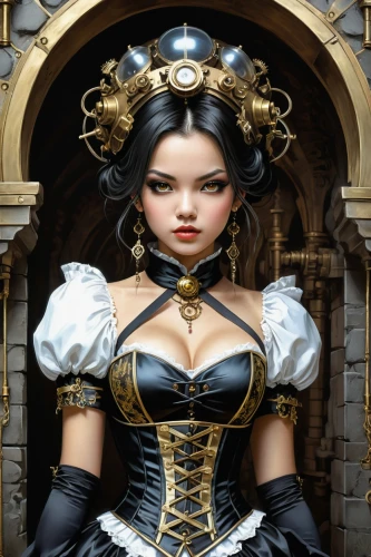 female doll,steampunk,doll figure,asian costume,japanese doll,gothic portrait,designer dolls,bodice,collectible doll,realdoll,victorian lady,doll's facial features,gothic fashion,dollhouse accessory,the japanese doll,victorian style,fantasy woman,fashion dolls,queen of hearts,wooden doll,Illustration,Realistic Fantasy,Realistic Fantasy 10