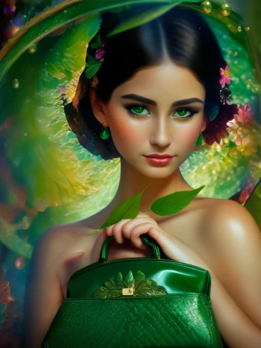 faery,celtic woman,fantasy art,rosa 'the fairy,rosa ' the fairy,faerie,the enchantress,fantasy picture,green mermaid scale,fairy tale character,anahata,emerald,fairy queen,handbag,green dress,fantasy portrait,fairy peacock,3d fantasy,gift of jewelry,dewdrop