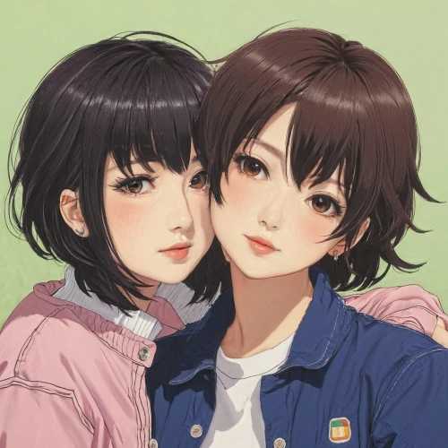 two girls,sisters,young couple,jean jacket,kimonos,boy and girl,duo,citrus,jacket,romantic portrait,hiyayakko,denim jacket,study,young women,twin flowers,soft pastel,clover jackets,kimjongilia,together,vintage boy and girl