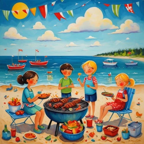 summer bbq,barbecue,beach restaurant,barbecue area,barbeque,paella,seafood boil,bbq,cooking book cover,new england clam bake,grilled food,barbecue grill,barbeque grill,beach bar,people on beach,outdoor cooking,summer party,picnic basket,summer foods,delight island,Illustration,Abstract Fantasy,Abstract Fantasy 07