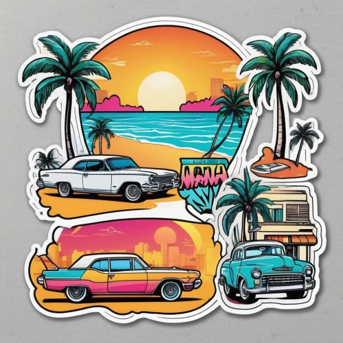 classic car and palm trees,miami,florida,retro 1950's clip art,stickers,the keys,summer clip art,acapulco,vwbus,travel trailer poster,clipart sticker,key west,summer icons,ice cream icons,south beach,honolulu,badges,80's design,palm trees,fort lauderdale,Unique,Design,Sticker