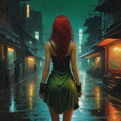 walking in the rain,girl walking away,transistor,in the rain,red rose in rain,clary,monsoon,mystery book cover,red-haired,rainy,rainstorm,alleyway,alley,world digital painting,sci fiction illustration,asuka langley soryu,cyberpunk,heavy rain,rainy day,fox in the rain,Illustration,Realistic Fantasy,Realistic Fantasy 04