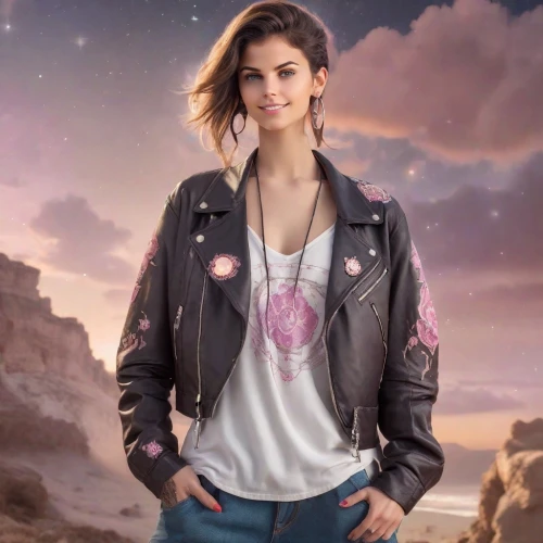 pink background,jean jacket,denim jacket,leather jacket,jeans background,denim background,rosa peace,jacket,pink beauty,bolero jacket,rock beauty,purple background,cancer icon,purple and pink,pink leather,selena gomez,advertising clothes,pink-purple,denim,unicorn background,Photography,Realistic