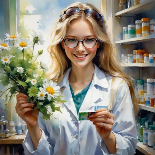 pharmacist,chemist,pharmacy,medical illustration,pharmaceutical drug,prescription drug,apothecary,flower painting,homeopathically,in the pharmaceutical,pharmacy technician,medicinal products,female doctor,pharmaceutical,prescription,nutraceutical,fill a prescription,girl in flowers,pharmaceuticals,medicine icon,Conceptual Art,Oil color,Oil Color 03