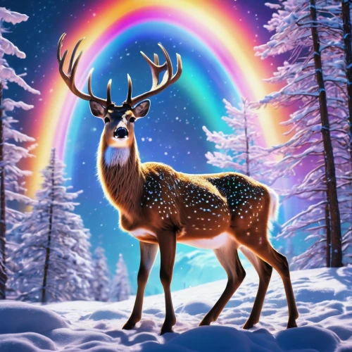 glowing antlers,christmas deer,winter deer,deer illustration,raindeer,rainbow background,reindeer from santa claus,rudolph,elk,manchurian stag,european deer,male deer,gold deer,reindeer,christmas snowy background,reindeer polar,santa claus with reindeer,rudolf,christmas banner,stag,Photography,General,Realistic