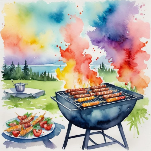painted grilled,grilled vegetables,barbecue,barbeque,shashlik,outdoor cooking,grilled food,summer bbq,bbq,barbecue grill,watercolor background,grilled food sketches,barbeque grill,outdoor grill,chicken barbecue,arrosticini,watercolor paint strokes,barbecue torches,grilled,watercolor painting,Illustration,Paper based,Paper Based 25