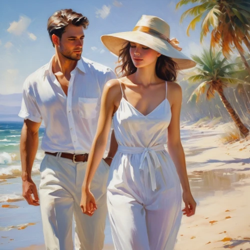 young couple,oil painting on canvas,romantic portrait,oil painting,beach background,beautiful couple,panama hat,white clothing,vintage boy and girl,honeymoon,beach landscape,coconuts on the beach,art painting,idyllic,couple goal,dream beach,lover's beach,beach walk,vintage man and woman,beautiful beach,Conceptual Art,Oil color,Oil Color 03