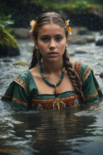 water nymph,polynesian girl,the blonde in the river,girl on the river,polynesian,hula,fae,celtic queen,elven,in water,mystical portrait of a girl,maori,woman at the well,inka,pocahontas,faery,moana,photoshoot with water,rusalka,under the water,Photography,General,Fantasy