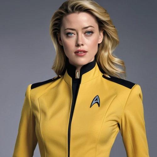 star trek,trek,uss voyager,yvonne strahovski,aurora yellow,sarah walker,female hollywood actress,a uniform,official portrait,voyager,andromeda,sprint woman,yellow jumpsuit,captain marvel,female doctor,canary,yellow and black,space-suit,bolero jacket,captain,Photography,General,Realistic