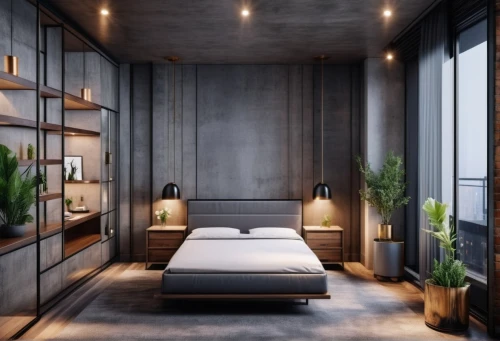 modern room,bedroom,modern decor,sleeping room,room divider,guest room,loft,canopy bed,contemporary decor,interior design,interior modern design,room lighting,guestroom,an apartment,japanese-style room,sky apartment,hallway space,shared apartment,3d rendering,concrete ceiling,Photography,General,Realistic