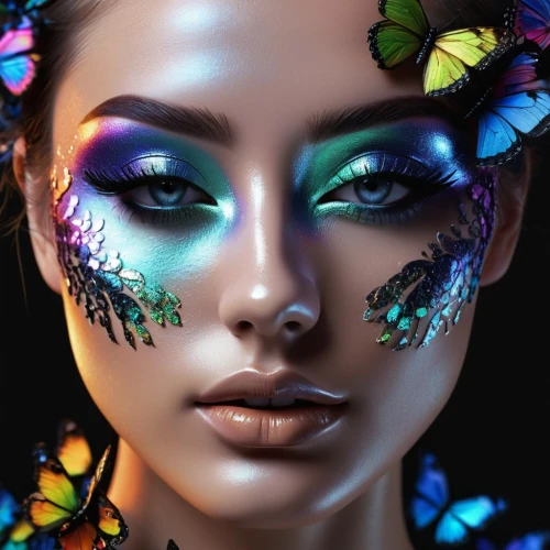 faery,neon makeup,faerie,ulysses butterfly,fairy peacock,face paint,butterfly wings,fantasy art,butterfly floral,fantasy portrait,beauty face skin,blue butterfly background,blue butterfly,iridescent,cosmetics,eyes makeup,photoshoot butterfly portrait,face painting,eye butterfly,rainbow butterflies,Photography,Fashion Photography,Fashion Photography 17