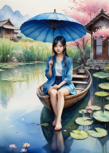 little girl with umbrella,asian umbrella,water lotus,lotus pond,chinese art,lily pad,world digital painting,waterlily,lily pond,oriental painting,water lily,lotus on pond,viet nam,summer umbrella,lotus blossom,vietnamese woman,lily water,lily pads,lotus art drawing,landscape background,Conceptual Art,Fantasy,Fantasy 03