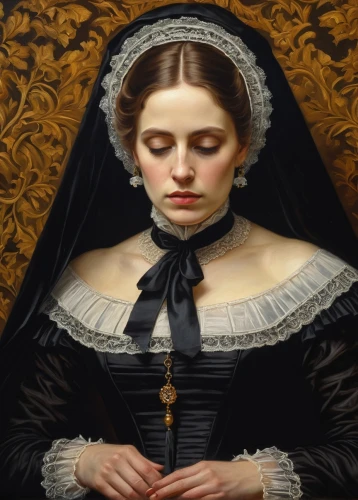 victorian lady,gothic portrait,portrait of a girl,portrait of a woman,girl with cloth,victorian style,woman holding pie,girl in cloth,praying woman,carmelite order,mystical portrait of a girl,the victorian era,woman praying,woman sitting,oil painting on canvas,victorian fashion,young woman,oil painting,mary-gold,saint therese of lisieux,Photography,General,Natural
