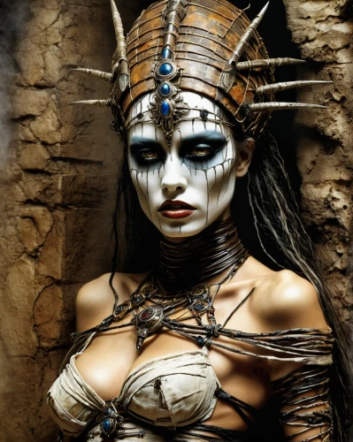 warrior woman,ancient egyptian girl,shamanic,female warrior,voodoo woman,breastplate,priestess,ancient egyptian,headdress,huntress,the enchantress,ancient egypt,tribal chief,sphinx pinastri,indian headdress,bodypainting,shamanism,body painting,fantasy woman,ancient costume,Illustration,Realistic Fantasy,Realistic Fantasy 06