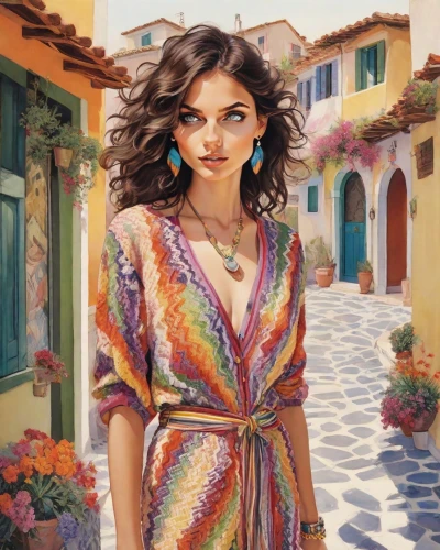 italian painter,color pencil,mediterranean,tuscan,capri,color pencils,colorful,boho,bazaar,positano,puglia,boho art,santorini,colour pencils,coloured pencils,apulia,oil painting on canvas,oil painting,girl in cloth,sari,Digital Art,Comic