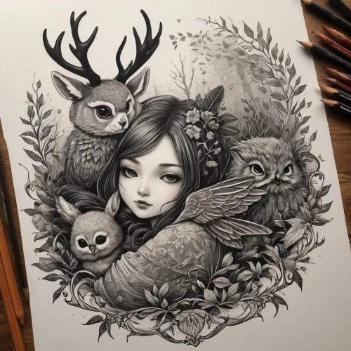 deer illustration,charcoal nest,fawn,fantasy portrait,woodland animals,fawns,hand-drawn illustration,rabbits and hares,deer drawing,forest animals,forest animal,halloween illustration,mystical portrait of a girl,faerie,kids illustration,faun,dryad,antler,fauna,girl in a wreath,Photography,General,Fantasy