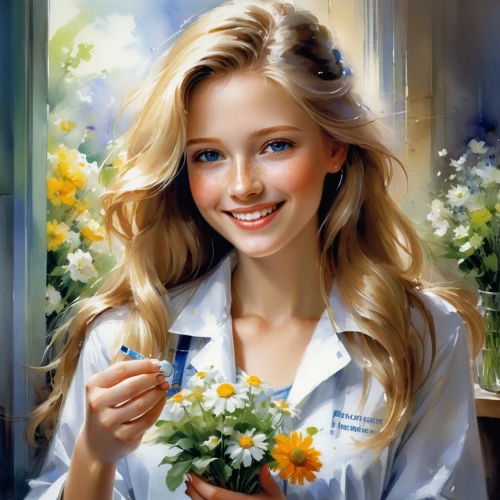 beautiful girl with flowers,flower painting,girl in flowers,romantic portrait,girl picking flowers,blond girl,art painting,splendor of flowers,oil painting,holding flowers,painter,photo painting,oil painting on canvas,young woman,blonde girl with christmas gift,florists,with a bouquet of flowers,girl portrait,flowers png,a girl's smile,Conceptual Art,Oil color,Oil Color 03