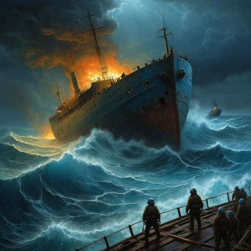 shipwreck,the wreck of the ship,sea fantasy,ship wreck,sea storm,maelstrom,troopship,the storm of the invasion,caravel,the wreck,ghost ship,sunken ship,noah's ark,poseidon,sinking,ocean liner,tour to the sirens,arthur maersk,sewol ferry disaster,digging ship,Conceptual Art,Oil color,Oil Color 12