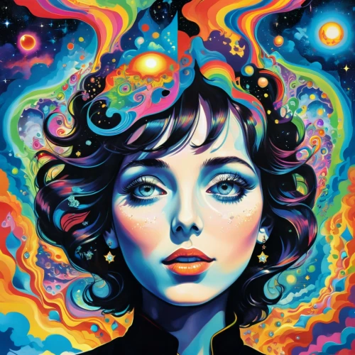 psychedelic art,psychedelic,cosmos,cosmic eye,third eye,mystical portrait of a girl,cosmic,acid,hallucinogenic,aura,universe,lsd,cool pop art,head woman,gemini,horoscope libra,aquarius,andromeda,fantasy portrait,dizzy,Illustration,Realistic Fantasy,Realistic Fantasy 39