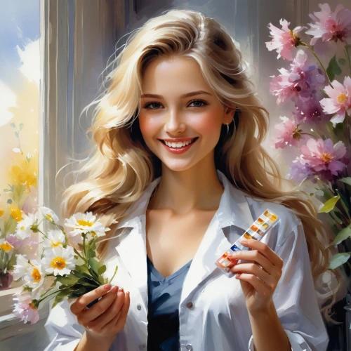flower painting,beautiful girl with flowers,girl in flowers,romantic portrait,splendor of flowers,holding flowers,art painting,oil painting,painter,with a bouquet of flowers,girl picking flowers,natural perfume,oil painting on canvas,perfumes,women's cosmetics,blonde woman,blond girl,florists,photo painting,a girl's smile,Conceptual Art,Oil color,Oil Color 03