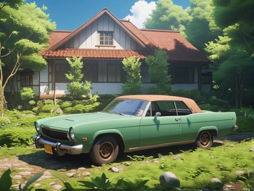 studio ghibli,house in the forest,grass roof,idyllic,gaz-21,rural,planted car,summer cottage,green summer,abandoned car,little house,tsumugi kotobuki k-on,wooden car,station wagon-station wagon,old car,hokkaido,rural style,old abandoned car,lonely house,datsun 510,Photography,General,Realistic