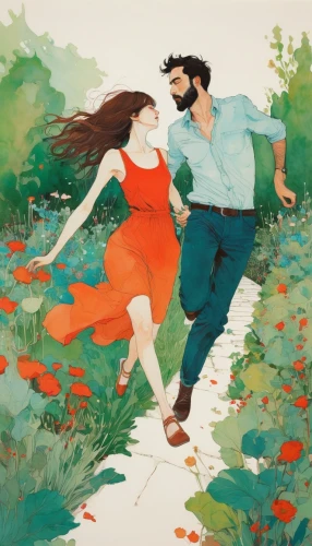 falling flowers,young couple,girl and boy outdoor,falling on leaves,idyll,dancing couple,flowers fall,way of the roses,shirakami-sanchi,two people,fallen petals,honeymoon,tango,boy and girl,red summer,romantic scene,blooming field,throwing leaves,girl lying on the grass,falling,Illustration,Paper based,Paper Based 19