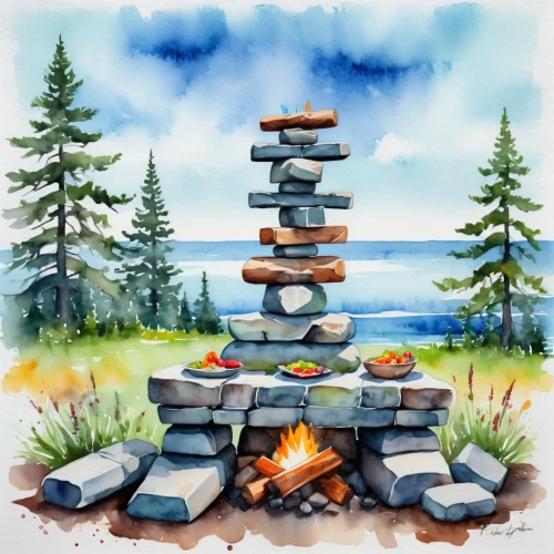 cairn,stacked rocks,rock cairn,stacked stones,stacking stones,rock stacking,background with stones,stacked rock,stack of stones,stone oven,firepit,fire pit,campfires,standing stones,campfire,chambered cairn,rock painting,rock balancing,rock art,watercolor background,Illustration,Paper based,Paper Based 25