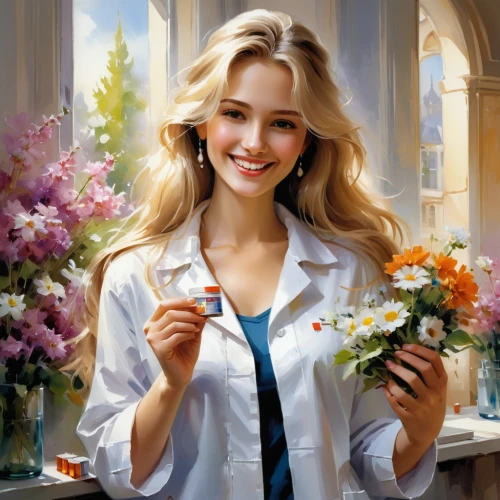 flower painting,beautiful girl with flowers,girl in flowers,female doctor,pharmacist,holding flowers,chemist,girl picking flowers,florists,splendor of flowers,medical illustration,flower arranging,with a bouquet of flowers,flowers png,dental hygienist,romantic portrait,physician,female nurse,art painting,oil painting,Conceptual Art,Oil color,Oil Color 03