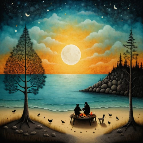 romantic scene,night scene,moon and star background,moonlit night,landscape background,motif,idyll,loving couple sunrise,moonrise,sun and moon,romantic night,dreamland,fantasy picture,digiscrap,hanging moon,art painting,the moon and the stars,the night of kupala,dream world,moon night,Illustration,Abstract Fantasy,Abstract Fantasy 19