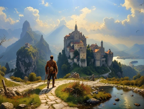 fantasy picture,fantasy landscape,fantasy art,heroic fantasy,world digital painting,fantasy world,3d fantasy,castles,fairy tale castle,castel,knight's castle,castle of the corvin,ruined castle,the wanderer,fairytale castle,a fairy tale,magical adventure,landscape background,fairy tale,fantasy city,Photography,General,Realistic