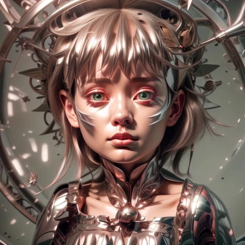 cyborg,cybernetics,humanoid,marionette,biomechanical,artist doll,fantasy portrait,cyberspace,mystical portrait of a girl,aura,scifi,painter doll,cyber,silver,echo,chrome,3d fantasy,child fairy,digital painting,bjork