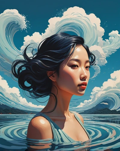 the wind from the sea,water lotus,siren,wind wave,japanese waves,submerged,world digital painting,immersed,water nymph,asian woman,adrift,han thom,ocean,japanese wave,teal blue asia,blue waters,flotation,water waves,asian vision,sea,Illustration,Vector,Vector 05